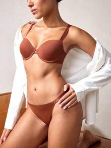 Veilyse Minimalist Solid Color Wire-Bra And Thong Underwear Set - Brown - View 2