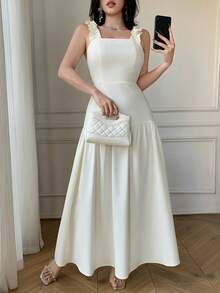 Celisse Square Neck Ruffle Trim Adjustable Shoulder Strap Elastic Waist Dress For Women - Apricot - View 3