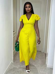 Xyvia 女士优雅精致V领无袖收腰褶裥连体裤 - 黃色 - 查看 7