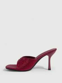 CUCCOO SZL Giày sandal thời trang nữ, giày cao gót thanh lịch dành cho nữ, giày cao gót đính đá, giày mũi vuông. - Màu Đỏ Sâu - Xem 4