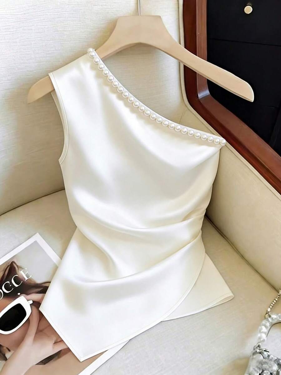 Franclia Ivory Satin Off White Asymmetric Shoulder Pearl Decor Twist Waist Asymmetrical Hem Sleeveless Top,Summer,Elegant,Party Classy Designer Yk2k Tops Women - White - View 1