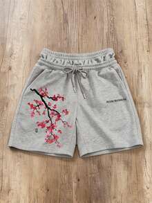 Manfinity Joysei Pantalones cortos casuales de hombre de doble capa con cintura y estampado de flores de cerezo en gris - Gris - Ver 1