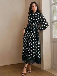 Anewsta Đầm dài tay thanh lịch chất lượng cao dành cho nữ, chất liệu chiffon chấm bi phối ren, thắt eo. - Đen và trắng - Xem 6