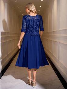SHEIN Clasi Robe élégante à col rond et manches courtes en dentelle pour femmes - bleu indigo - Voir 2
