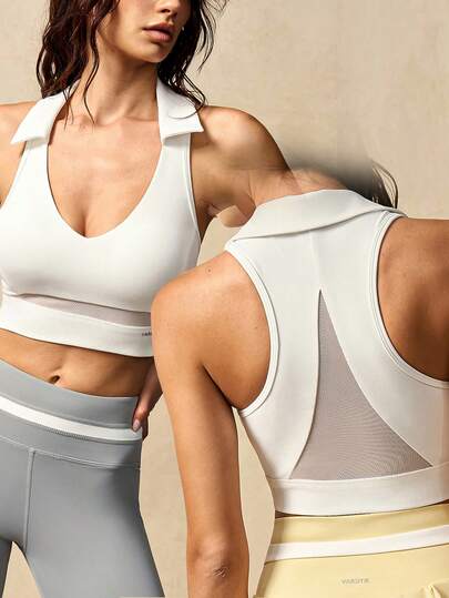 VARSIVA White Sleeveless Polo Shirt For Women, Deep V-Neck Cropped Polo Shirt With Mesh Paneling At The Back, Versatile, Simple And Stylish Women's Sportswear. Suitable For Tennis, Fitness, Pilates, Yoga, Running, And Everyday Wear, Perfect For Spring, Summer, Autumn, And Winter.