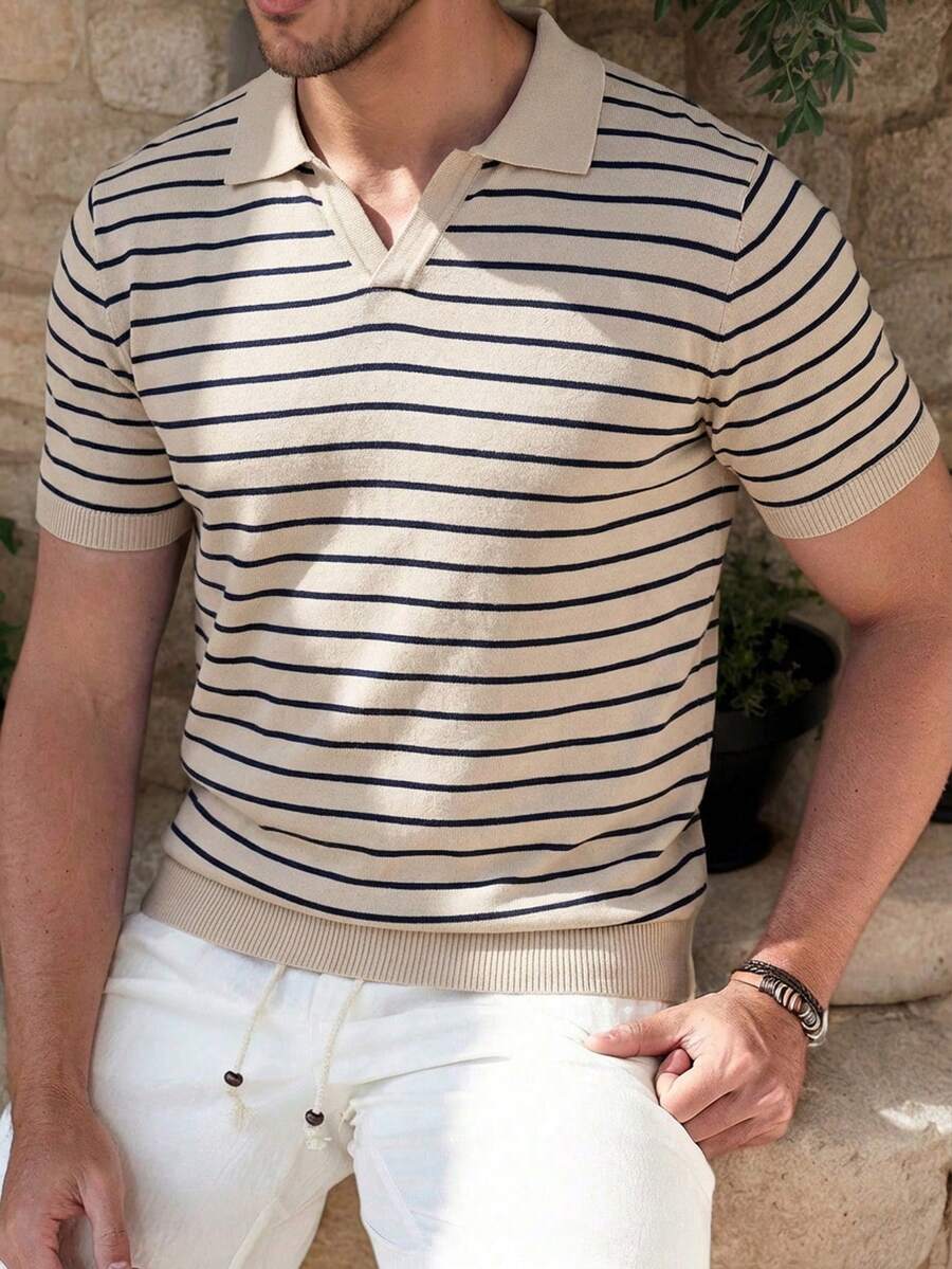 Manfinity Mode Men's Casual Commuter Striped Short Sleeve Knit Top, Spring/Summer Men Buttoned Knitted Polo Summer Wear For Men Greece Vacation Outfit Men Men Knit Polo Men S Resort Wear Brown Beach Outfit Men Men S Cruise Wear Summeroutfit - Apricot - View 1