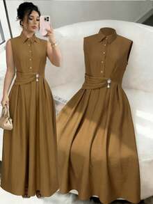 GlowEve Sleeveless Waist Gathered A-Line Elegant Romantic Detailed Women's Shirtdress - Khaki - View 1