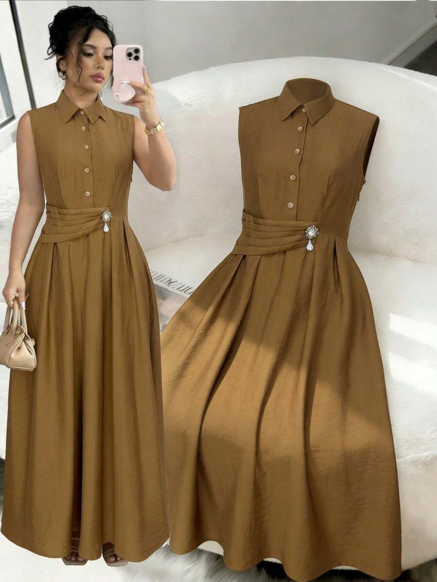 GlowEve Sleeveless Waist Gathered A-Line Elegant Romantic Detailed Women's Shirtdress - Khaki - View 1