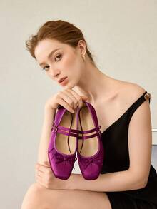 MOTF Giày búp bê nữ thanh lịch, tối giản, màu trơn, trang trí nơ, quai cài đôi, thích hợp cho việc đi làm, dịp Giáng sinh. - Màu tím - Xem 1