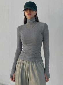 DAZY Women's Casual Solid Color Turtleneck Long Sleeve Slim Fit T-Shirt, Autumn,Fall Women Clothes - Grey - View 3
