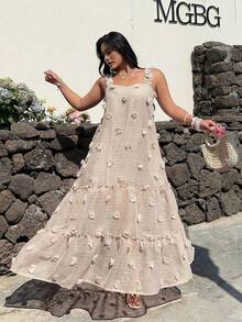 Sunnyshic Plus Size Square Neck Spaghetti Strap A-Line Dress, Vacation Style - Apricot - View 4