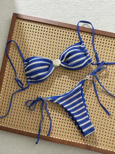 Swim Mod Conjunto de bikini de tela jacquard con decoración metálica para mujer, primavera/verano