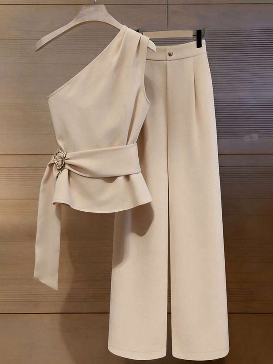 Franclia Elegant Fashionable Summer Asymmetric-Shoulder Metal Waist Belt Top And Loose Straight Leg Pants 2 Pieces Set - Apricot - View 1