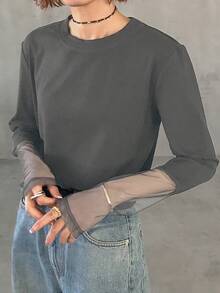 FRIFUL 女士拼接豹纹圆领长袖休闲宽松百搭T恤，秋冬款 - 深灰色 - 查看 4