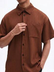 SUMWON Men's Short Sleeve Button Down Shirt With Pinstripe Pattern Collared Casual Summer Top - Coffee Brown - View 1