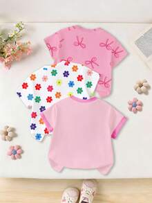 3pcs Kaos Lengan Pendek Bayi Perempuan Manis dan Lucu dengan Motif Pita, Bunga & Kupu-kupu, Cocok untuk Kegiatan Musim Panas di Luar Ruangan - MultiWarna - View 2
