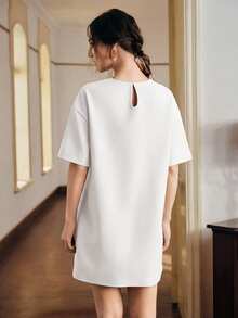 Anewsta Solid Color Loose Lace Patchwork Short Sleeve Straight Dress For Women - White - View 2