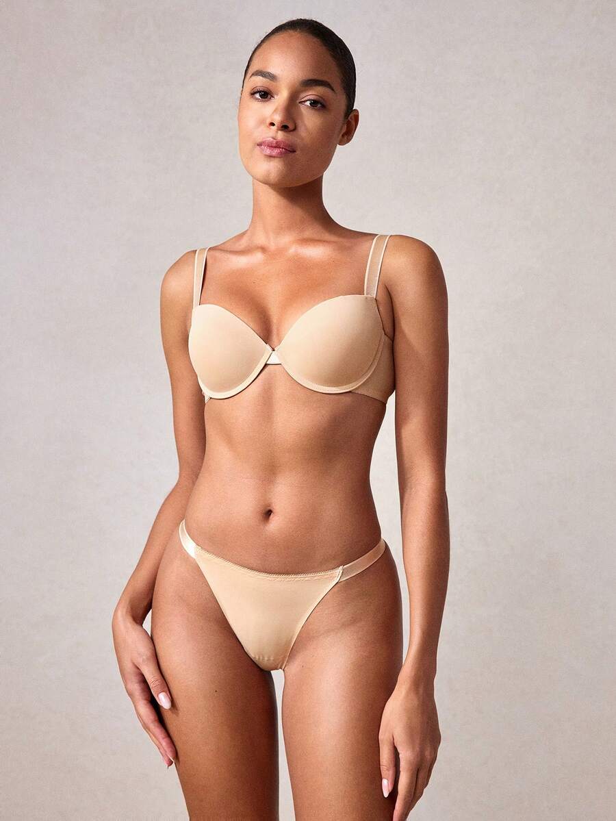 Veilyse Minimalist Solid Color Wire Bra And Thong Lingerie Setfor Summerfor Summer - Apricot - View 1