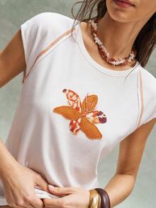 Bohemela 女士休闲 Y2K 波西米亚西部音乐节贴花刺绣图案插肩袖 T 恤，夏季度假 - 白色 - 查看 5