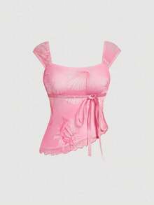 SHEIN MOD Plus Size Women Summer Tropical Ocean Blouse,Pastel Pink Contrast Color Strap Square Neck Beach Holiday Top,Elegant Ribbon Retro Style Tops - Pink - View 6