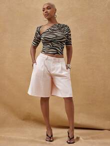 Vixey 斑马纹透视网纱不对称领口褶皱短袖上衣 - 彩色 - 查看 3