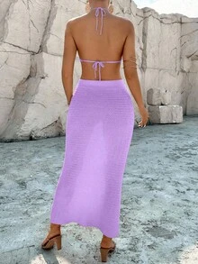 Breezaya Bộ đồ 2 món dành cho nữ: Áo thun cổ yếm vạt lệch và chân váy midi chất liệu dệt kim pha, thích hợp cho kỳ nghỉ thường ngày. - Màu tím hoa cà - Xem 2