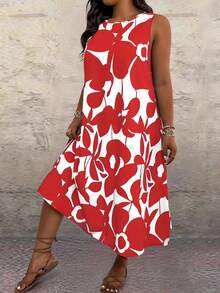 SHEIN Clasi Plus Size Women Geometric Print Round Neck Sleeveless Casual Dress - Red - View 6