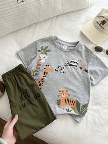 THE HAPPY LOOK 两件套男童卡通动物印花柔软针织圆领短袖上衣和松紧腰裤 - 彩色 - 查看 4