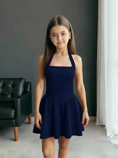 Firerie Kids Firerie Kids SLAYR KIDS Robe élégante et décontractée en tricot bleu marine avec bretelles spaghetti, taille évasée en forme de A, convient pour la Saint-Valentin, Halloween, les fêtes, les sorties, la rentrée scolaire