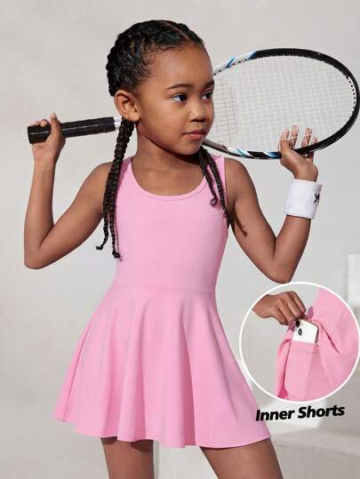 SHEIN Young Girl Solid Color Crew Neck Sleeveless Fitted Casual Dress Sportswear