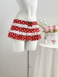 Flirla Sommer Casual Urlaub Damen Rot Polka Punkt Kirsche Dekor Sexy Süß Minimalistisch Sexy Mini Rock Shorts, geeignet für Strand, Urlaub, Lässig Party - Rot - Übersicht 4