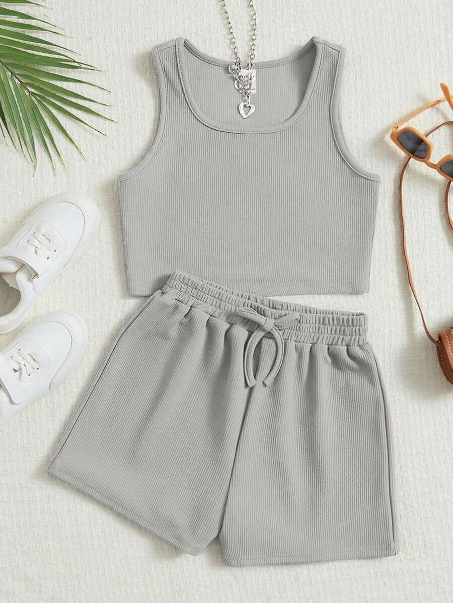 SHEIN Tween Girls' Solid Color Tank Top And Shorts Set, Cute And Casual - Grey - View 1
