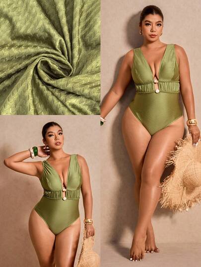 Elaquor Traje de baño de una pieza con pliegues y retorcido de unicolor para mujer de talla grande, adecuado para vacaciones en la playa, fiestas en la piscina y fiestas en la playa