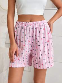 SHEIN 2 Pcs Multipack Love Stripe Heart Pink And Blue Patterned Elastic Waist Comfort Relaxed Casual Sleep Shorts 2 Pcs Set - Multicolor - View 3