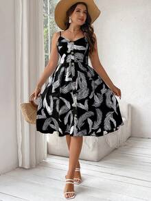 Ceyna Vestido de tiras finas con estampado de plumas para tallas grandes - Multicolor - Ver 4