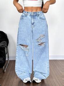 SHEIN Tall Pantalones vaqueros anchos de cintura alta con efecto desgastado y rasgados en azul claro con lavado ácido, pantalones vaqueros anchos y desgastados con bolsillos perfectos para looks de streetwear y grunge - Lavado ligero - Ver 7