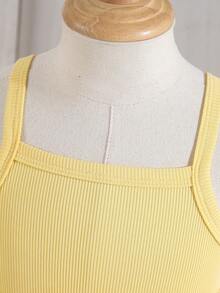 女婴夏季新款紫色罗纹花卉刺绣荷叶边下摆简约时尚可爱甜美吊带裙 - 黃色 - 查看 5