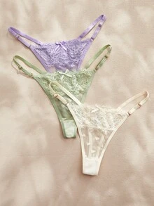 Charlaine 3pcs/Pack Women's Low-Rise Lace Thong Panties, Random Heart Pattern - Multicolor - View 5