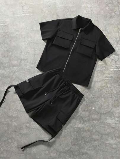 STYNVO 男士纯色拉链短袖衬衫搭配抽绳短裤，休闲日常穿搭