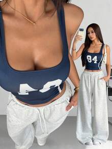 valorelle valorelle Camiseta de tirantes azul con cuello de pico sexy, ajustada y con estampado de letras blancas, de estilo deportivo casual para uso diario - Multicolor - Ver 5