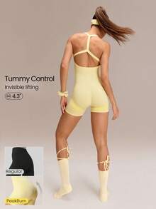 GLOWMODE 4.3" Ultrafine Soft Seamless Flow Free Ribbed Waist Compression Panels Removable Cups Scrunch Butt Lift Racerback Short Bodysuit Training Running Gym Yoga Studio Daily Active Wear - Yellow - View 1