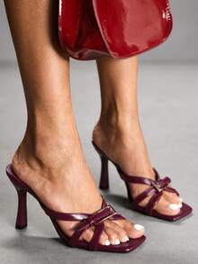 CUCCOO SZL 女士时尚搭扣性感方头高跟凉鞋，适合通勤、约会、派对等各种场合穿着，情人节舞会高跟鞋 - 酒紅色PU - 查看 3