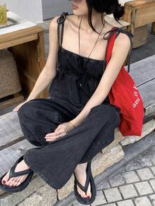 FRIFUL 女士牛仔吊带双蝴蝶结吊带背心和阔腿裤套装 - 藍色 - 查看 3