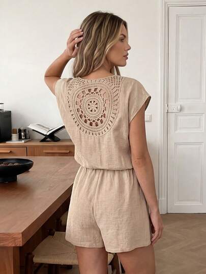 Easowa V-Neck Lace Trim Button Half-Open Front Wide Shoulder Jumpsuit, Casual Relaxed Elegant Commute Resort Style For Women, Spring/Summer