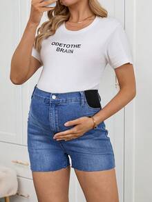 SHEIN Celana Pendek Denim Skinny Sobek Warna Biru Muda Kasual Musim Panas untuk Ibu Hamil, Celana Pendek Jeans dengan Penopang Perut Elastis dan Ujung Berumbai, Gaya Chic Y2k - Biru - View 5