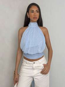 Allurite 女士蓝色系带优雅约会/毕业典礼雪纺纹理衬衫，春夏款 - 藍色 - 查看 7