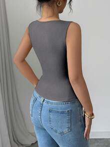 Rafferiza Women's Solid Color Square Neck Pleated Casual Tank Top - Dark Grey - View 2
