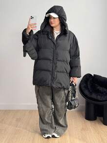 Enliva Plus Size Women Loose Coat With Gloves And Hood Autumn Winter - Black - View 5