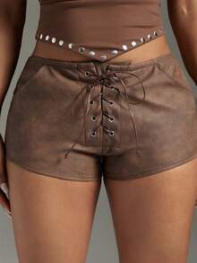 Denimoi Faux Leather Lace Up Front And Back Micro Mini Shorts Sexy Hot Shorts GNO Concert Outfits - Brown - View 3