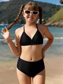 SHEIN Tween Girls Bikini Sets, Black Knit Fabric Triangle Halter Neck Swimsuit Two-Piece Suit, Fashionable Casual Elegant Suitable For Swimming, Beach, Holiday - Black - View 1